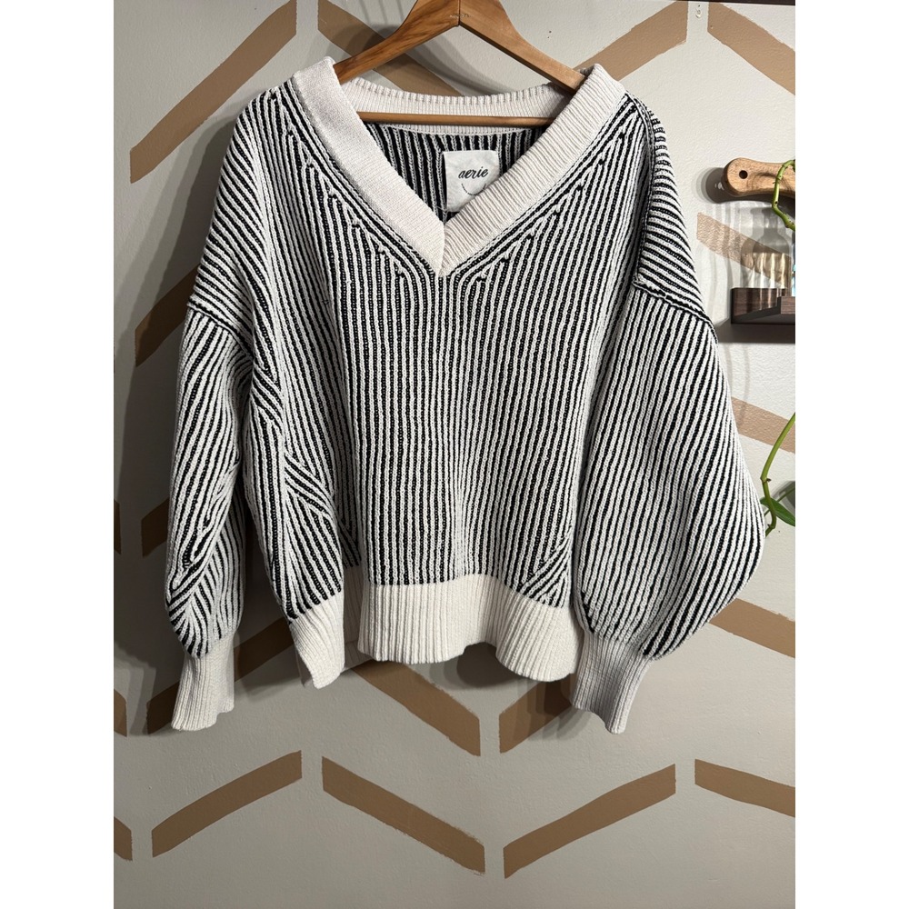 Aerie Sweater Women Small Black White Striped Thick Knit V-Neck YQ31455Q
